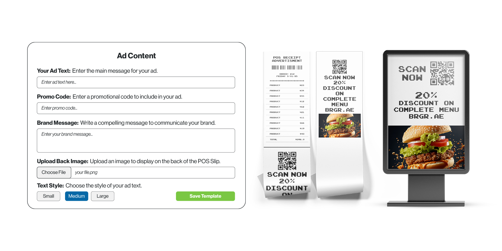 Ad-content form on the left producing the same creative on a POS receipt, paper roll, and countertop screen on the right.