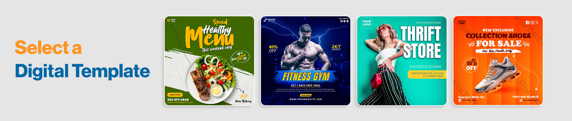 Four pre-designed digital ad templates for Healthy Menu, Fitness Gym, Thrift Store, and Collection Shoes.